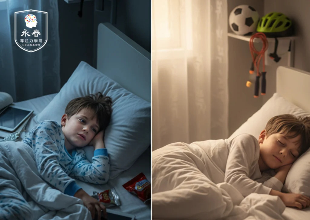孩子在床上安穩入睡，充足睡眠是穩定情緒與提升學習力的基礎