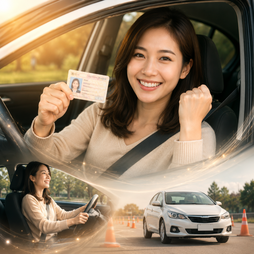 女性開心拿著剛考取的駕照，坐在車內微笑慶祝