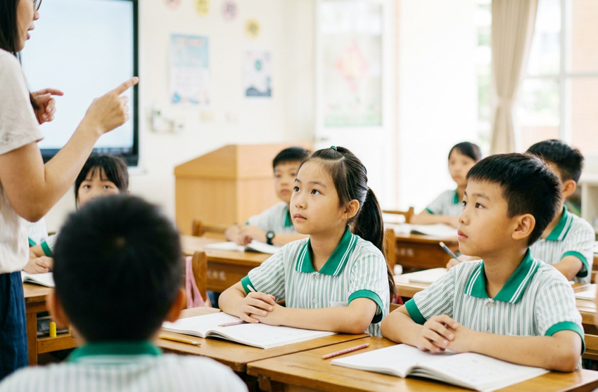 小學生們坐在教室裡抬頭專注聽老師講課、桌上翻開課本，呈現運動訓練陪伴下情緒穩定、能投入課堂學習與專注的樣子