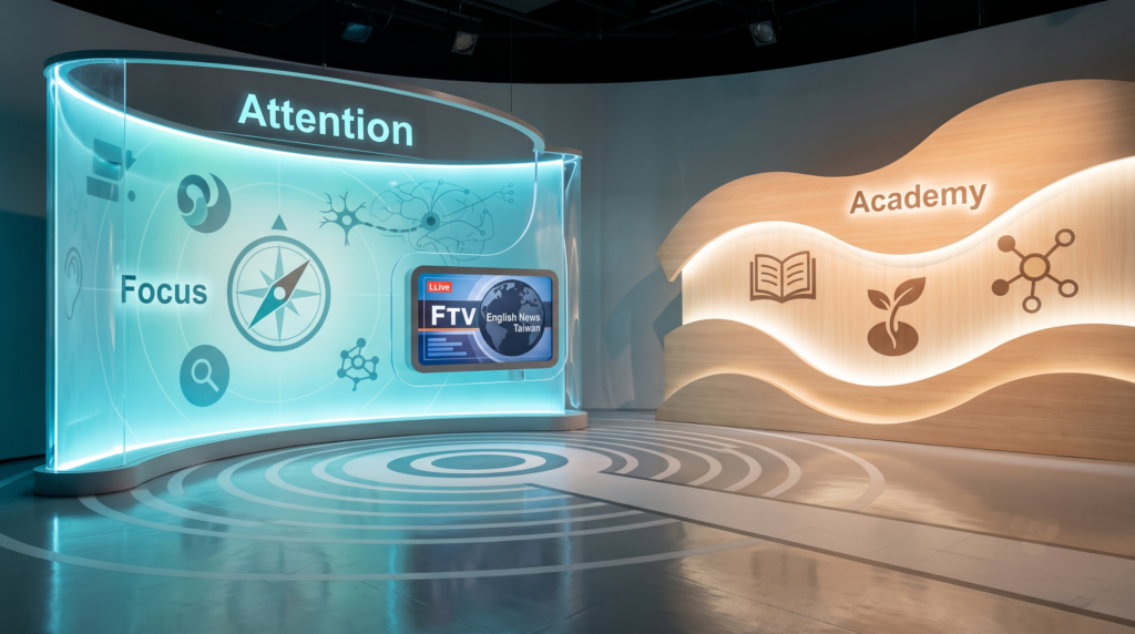 以Attention、Focus為主題的科技展示空間，結合大腦神經元圖像與民視英語新聞畫面，象徵QEEG神經回饋訓練與大腦專注力訓練