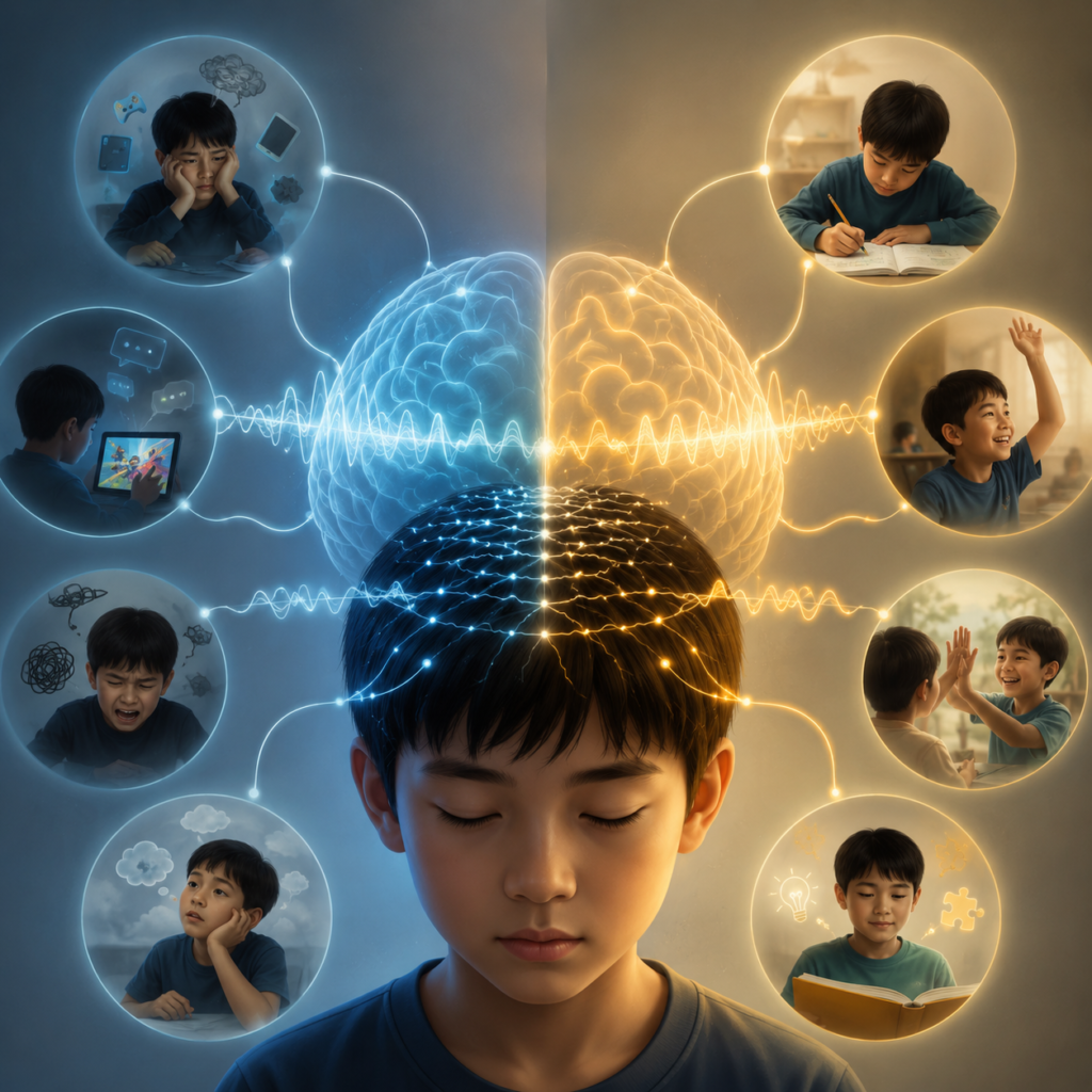孩童頭部腦波示意圖，腦部發光並環繞多張人臉照片，象徵外界刺激影響腦波活動