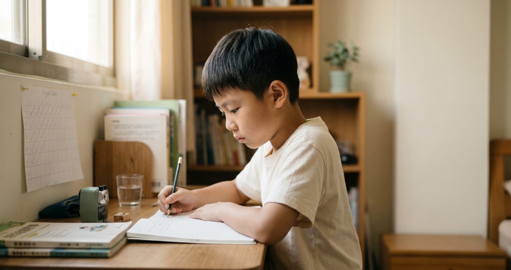 小學三年級男童坐在書桌前專注書寫，牆上貼著手寫的每日練習紀錄表