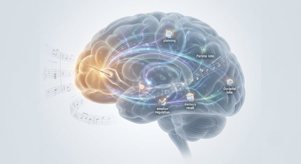 前額葉像大腦總指揮，協調計畫、情緒調節、記憶等各腦區功能的示意圖