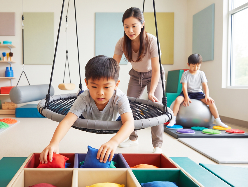 孩子在感覺統合教室進行鞦韆與觸覺教具訓練，家長常在此階段後思考專注力訓練的下一步