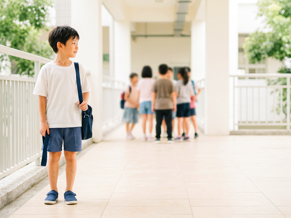 國小男童下課時站在走廊邊，望向不遠處的同學，正準備走過去加入