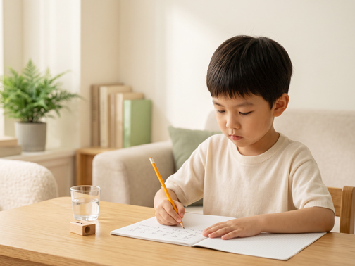 小一男孩坐在家中書桌前，專注握筆在作業簿上寫字
