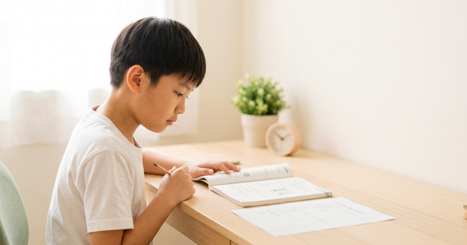 國小男童在書桌前複習功課，停下筆確認自己是否真的學會這一題